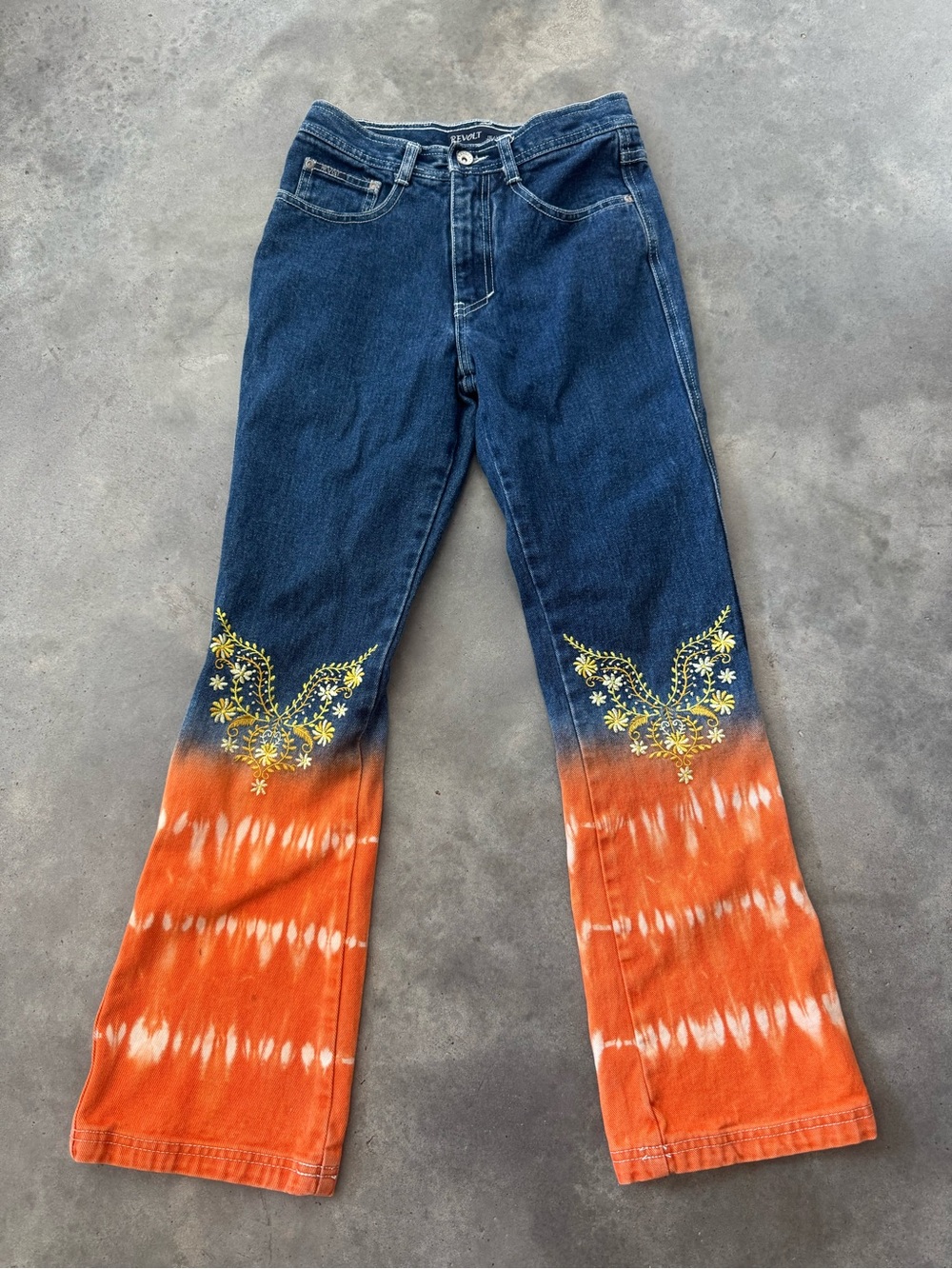 Revolt Jeans Two-Tone Blue and Orange Flare Jeans with Yellow Embroidery